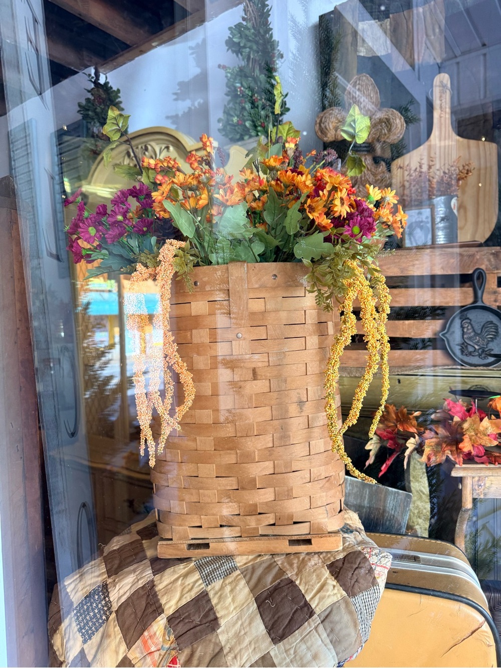 VTG Rustic Woven Basket Planter with Orange and Purple Floral Arrangement